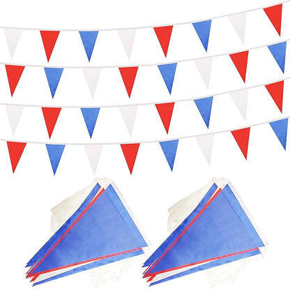 100 Ft Pennant Banner Flag, 60 Pcs String Hanging DIY Bunting Flags for Wedding, Birthday, General Celebrations, Outdoor & Indoor Decorations (White Red Dark Blue, 11x7 Inches)