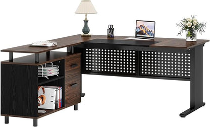 Tribesigns 63 Inch Executive Desk with File Cabinet, Large Office Desk L Shaped Computer Desk with Drawers and Storage Shelves, Business Furniture Desk for Home Office, Dark Walnut and Black