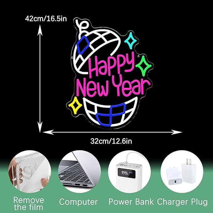 Happy New Year Neon Sign Led Party Light Sign for New Years Eve Decorations Dimmable USB Spring Festival Neon Light for Christmas Holiday Home Bar(16.5 * 12.6 In)