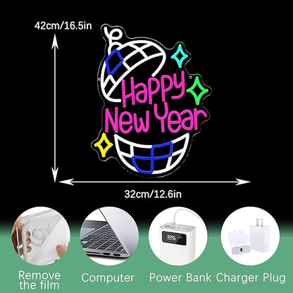 Happy New Year Neon Sign Led Party Light Sign for New Years Eve Decorations Dimmable USB Spring Festival Neon Light for Christmas Holiday Home Bar(16.5 * 12.6 In)
