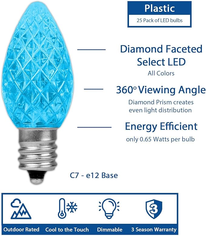 Novelty Lights 25pk Teal C7 LED Faceted Christmas Light Replacement Bulbs, Ultra Bright Dimmable Replacement Lamps for Indoor/Outdoor Light Strings