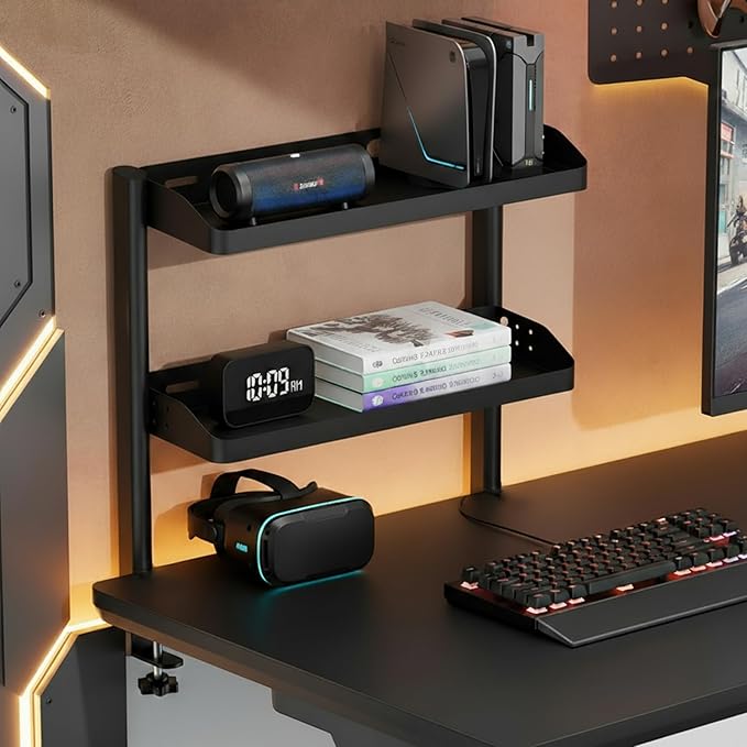 Clamp on Desk Shelf, 2-Tier Office Desk Shelves Organizer, 17in Small Shelf for Top of Desk with Headphone Holder and Hooks, Desktop Storage Rack for Home Workspace, Study Rooms, Gaming Accessories