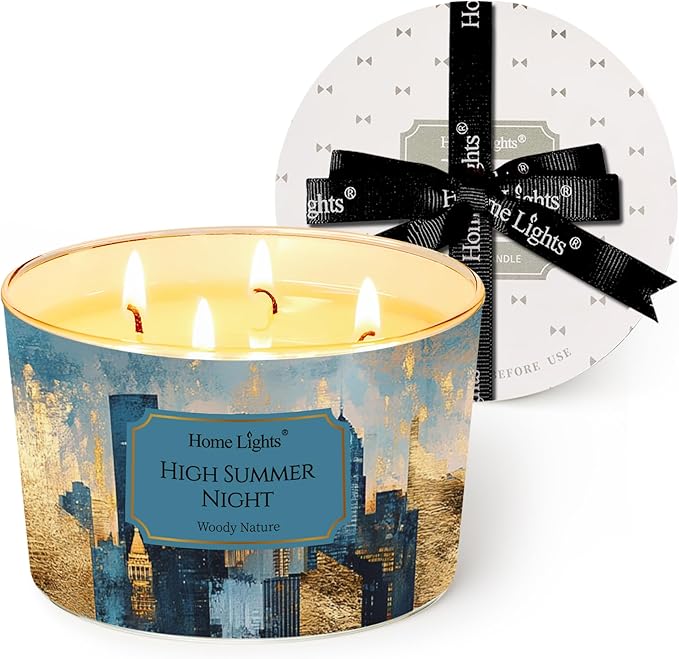 HomeLights High Summer Night Scented Candles | 18oz Soy Candles Industrial Chic 4-Wick Large Candle Jars | Ideal Candle Gifts for Events, Home Decor Stress, Relief & Relaxation