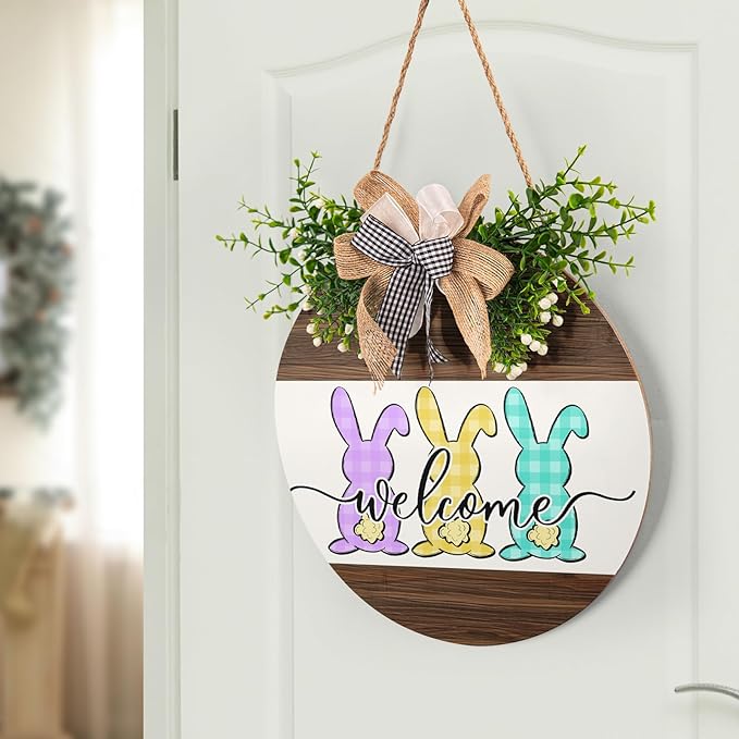 Happy Easter Sign 12X12 Inch Easter Bunny Rabbit Sign Easter Decorations Door Hanger for Outdoor Outside Porch Spring Easter Wood Plaque Round Easter Welcome Sign for Home Farmhouse Porch Wall Indoor