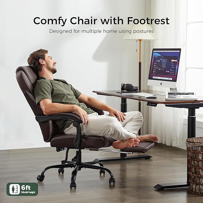 Office Chair, Big and Tall Office Chair with Foot Rest Ergonomic Desk Chairs Reclining High Back Leather Chairs with Lumbar Support(Brown)