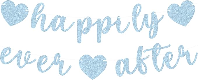 Pre-Strung Happily Ever After Banner - Light Blue Glitter Bachelorette Bridal Engagement Party Decoration Supplies, Bachelorette Wedding Party Banner for Engagement, Bridal Shower, Wedding Party Photo Booth Props