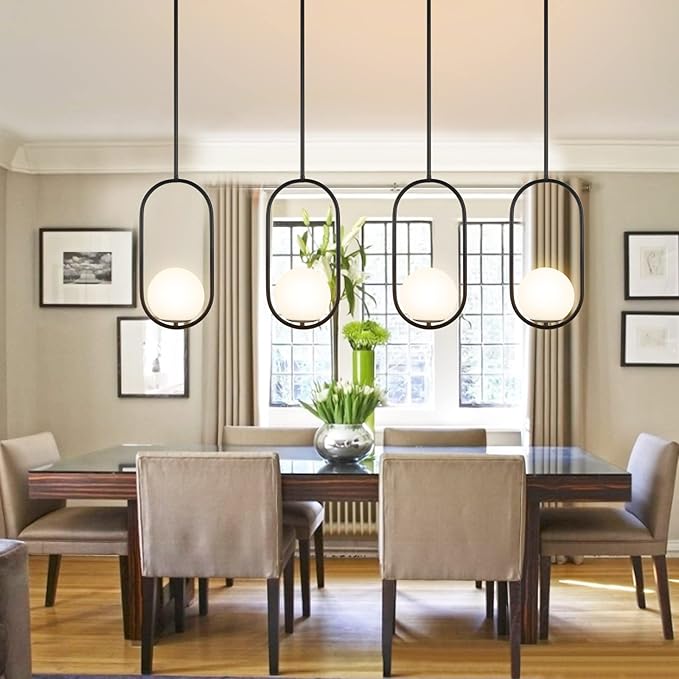 Modern Globe Pendant Light Mid Century Chandelier 1-Light Matte Black Ceiling Hanging Lighting Fixture with White Globe Glass Lampshade for Kitchen Island Dining Room Bedroom (2 Pack)