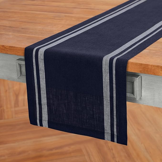 Solino Home Linen Table Runner 120 Inches Long - 100% Pure Linen White and Navy French Stripe Table Runner 14 x 120 Inch for Dining, Christmas, Holiday, Winter, New Year