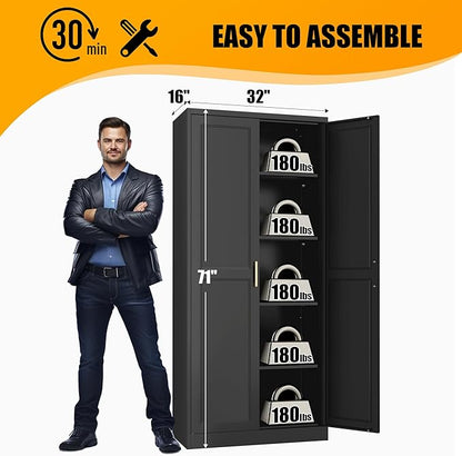 71" Tall Kitchen Storage Cabinet with Gold Handles, Metal Pantry Cabinets with 2 Doors, Food Pantry, Adjustable Shelves, Black Freestanding Pantry Cupboard for Dining, Kitchen, Living Room