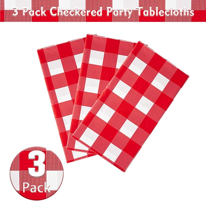 Kesfey Red and White Checkered Tablecloths 3 Packs Red Gingham Plastic Table Cloths 54 X 108 Inches Disposable Waterproof Party Picnic Table Covers Rectangle Checkered Tablecover for Birthday Decor