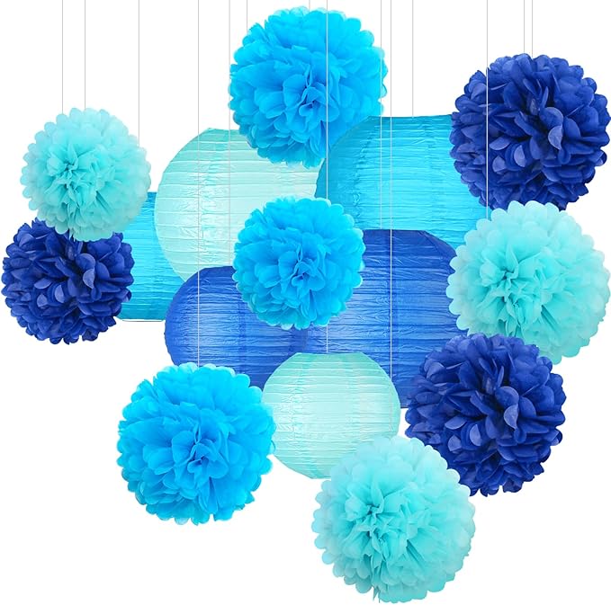 Blue Hanging Party pom pom Set, Paper Flowers Pom Poms Balls and Paper Lanterns for Under The Sea Party Decorations Wedding Birthday Bridal Baby Shower Graduation, 15pcs
