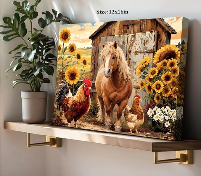 Rustic Farmhouse Horse Wall Art,Vintage Horse Sunflower Canvas Wall Art,Brown Rooster Animals Pictures Wall Decor Framed Artwork for Bedroom Living Room Kitchen Bathroom 12"x16"