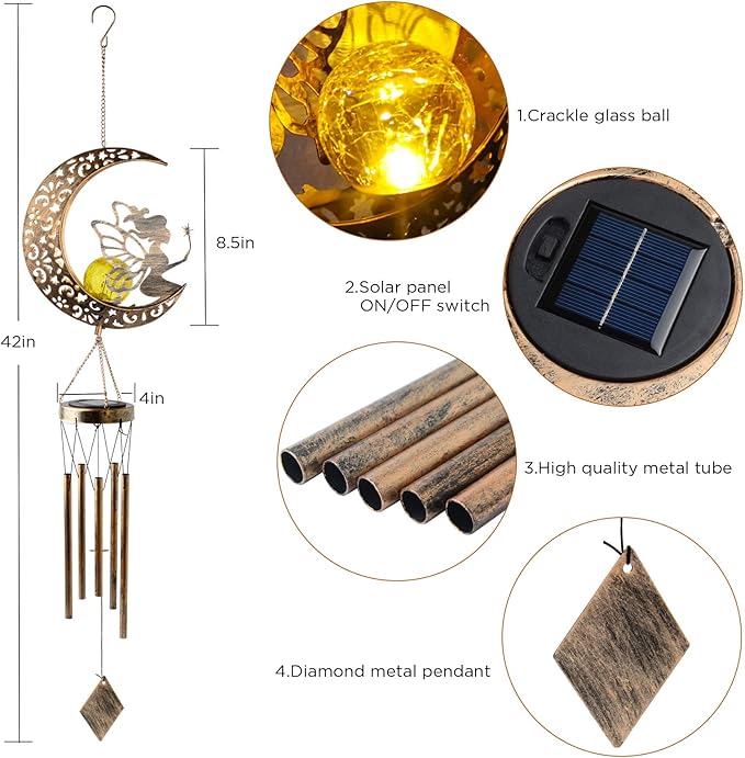 Solar Wind Chimes Moon Fairy Hanging Outdoor Decor Crackle Glass Ball Warm Memorial Wind Chimes Light Patio Lawn Yard Gardening Gifts Birthday Gifts for mom for Grandma Gifts Christmas Decorations