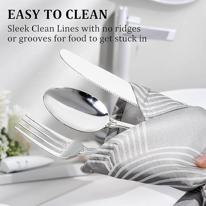 300Pieces Silver Plastic Silverware - Heavy Duty Silver Disposable Utensils - Vintage Plastic Cutlery Set Includes 100 Forks, 100 Spoons, 100 Knives for Dinner Parties Weddings