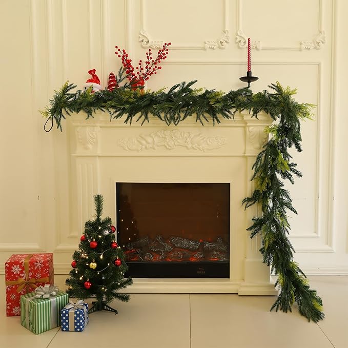 Norfolk Pine Garland Artificial Real Touch Green Thick Cedar Cypress Spruce 6FT Greenery Christmas Decor for Mantle Fireplace Wall Table Railings Indoor Outdoor Xmas Decorations