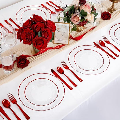 EI 150pcs Clear and Red Plastic Plates,Plastic Plates and sliverware,Clear Disposable Party Dinnerware Set for 30 Guests,Red Wavy Petal Edge Disposable Dinnerware Set for Wedding,Christmas,New Year