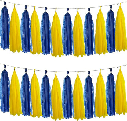 Navy Blue and Yellow Tissue Paper Tassels Party Tassel Garland Banner for Blue Yellow Party Decorations, DIY Kits,20PCS