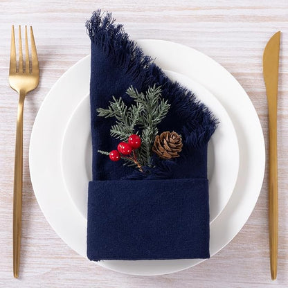 12 Pack Navy Blue Cotton Linen Napkins with Fringe Christmas Cloth Napkins Set of 12 Boho Handmade Holiday Napkins Bulk for Wedding Baby Shower Xmas Dinner Table Parties, 17 x 17 Inches