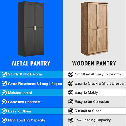 Pantry Cabinet, 71 Inch Tall Kitchen Storage Cabinet, Metal Pantry Cabinet with Doors and Adjustable Shelves, Black Food Cupboard, Freestanding Cabinet for Living&Dinning Room, Assembly Required