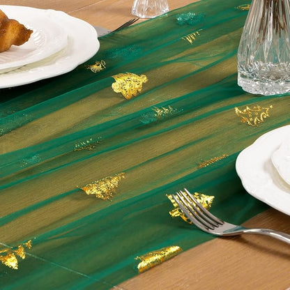 Emerald Green Gold Table Runner for Christmas Sheer Gauze Cheesecloth 120 Inch with Glitter Holiday Party Decor for Family Gatherings Dining Table Home Celebration