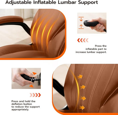 Office Desk Chair, Ergonomic Computer Chair with Padded Flip-Up Arms and Adjustable Lumbar Support, PU Leather Executive Chair with Tilt Lock and 360° Swivel Rolling Wheels for Work, Study