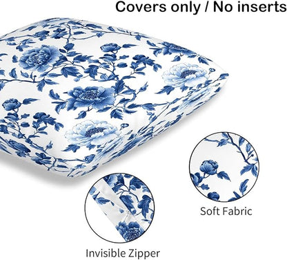 Chinoiserie Floral Throw Pillow Cover 18x18 Set of 2, Cushion Case for Couch, Sofa and Living Room, Vintage Flower Pillow Cases for Home Decor