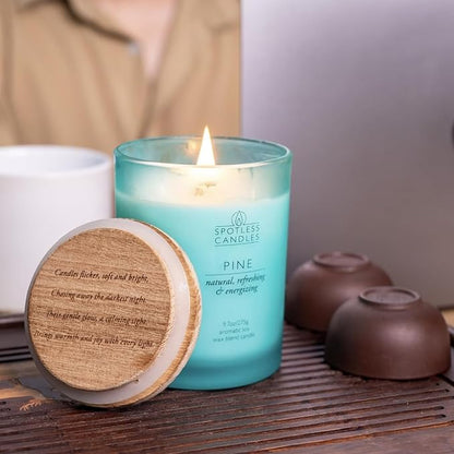 Pine Candle - 9.7 oz /275g 45-55 Hours Burn Time in Green Frosted Glass Jar with Wooden Lid and Wooden Crackling Wick in Luxurious Gift Box - Natural, Refreshing and Energising