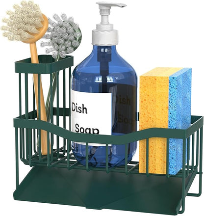 Maifan Sink Caddy Sponge Holder for Kitchen with Brush Holder and Stainless Steel Self Drain Tray, Rustproof Kitchen Sink Organizer for Sponge, Soap Dispenser Storage Accessories Dark Green