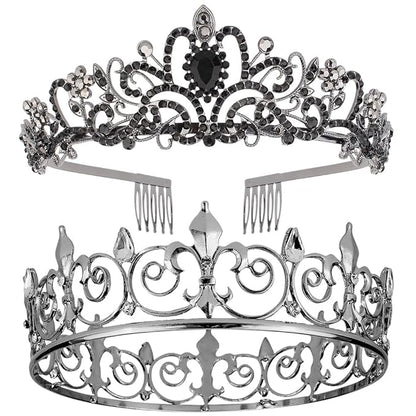 AOPRIE King & Queen Tear Drop Tiara and Crown for Women Men Crystal Hair Accessories for Wedding Prom Bridal Birthday Party Halloween Costume Christmas Gifts Black Princess Tiara for Girls Boys