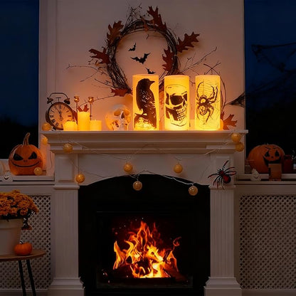 Hbaushun Halloween Flameless Candles LED Flickering Candles with Skull, Crow, Spider Web Decals,Battery Operated with 6 Hour Timer Halloween Decorations Horror Themed Candles(3 Pack, D3 x H6)