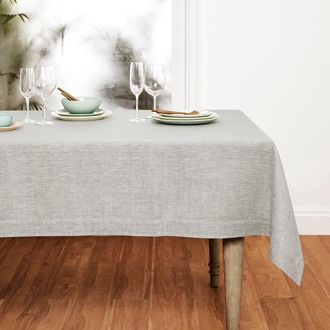 Solino Home Linen Tablecloth 54 x 72 Inch - 100% Pure Linen Oyster Grey Table Cloth for Rectangle Tables - Athena, Machine Washable Tablecloth for Fall, Autumn