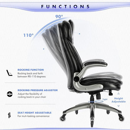 Executive Office Chair-Ergonomic Computer Desk Chair, High Back Leather Chair with Padded Flip-up Arms, Swivel Home Office Chair Upgraded Caster-Black