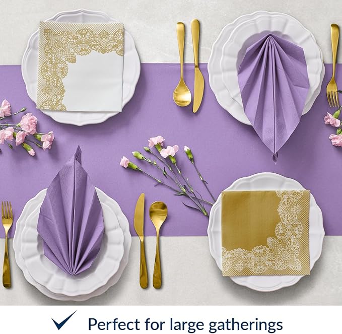 PAW - 50 Pieces Linen-Feel Paper Napkins 16" x 16", Disposable Cloth-Like Napkins with Reverse Gold Lace Design, Dinner Napkins for Party, Wedding, Christmas