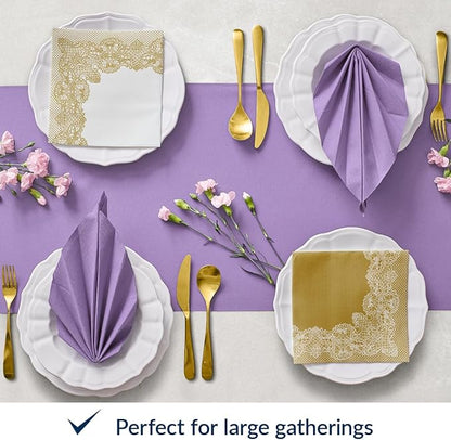 PAW - 50 Pieces Linen-Feel Paper Napkins 16" x 16", Disposable Cloth-Like Napkins with Reverse Gold Lace Design, Dinner Napkins for Party, Wedding, Christmas