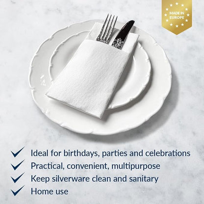 PAW - White Linen Feel Napkins with Built-in Flatware Pocket, Soft and Absorbent Paper Pre-Folded Napkins, Guest Towels, Wedding Party, Dinner, Birthday, Gatherings, 50 Count