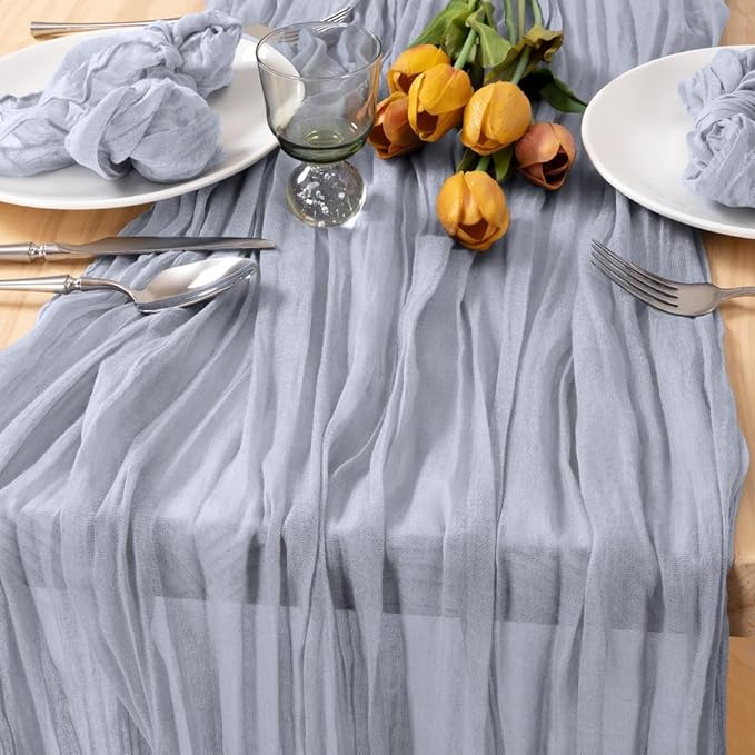 MLMC Grey Table Runner Cheesecloth Table Runner 10ft Sheer Rustic Gauze Cheese Cloth Centerpiece Decor 35x120 Inches for Wedding Party Bridal Shower Birthday Winter Decor