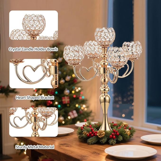 12 Sets Gold 5 Arms Candelabra Centerpiece for Wedding,Metal Crystal Candlestick Holders Chandelier Crystal Beaded Candle Holder for Table Decoration Party Dinner Formal Event