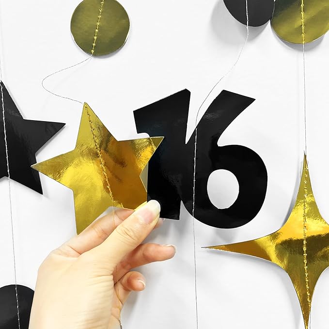 Black Gold 16th Birthday Decorations Number 16 Circle Dot Twinkle Star Garland Streamer Banner Backdrop for Girls Boys Happy 16th Birthday Sweet Sixteen Anniversary Cheers to 16 Years Party Decor