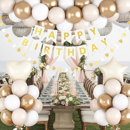 White and Gold Birthday Party Decorations for Women Girls Metallic Gold White Sand Balloon Set with Star Heart Foil Balloons Happy Birthday Bunting Banner Garland Neutral Cream Beige Party Decor Kit