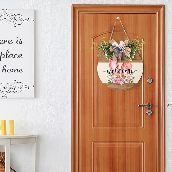 Harooni Easter Decorative Sign, 12x12in Wooden Welcome Door Sign with Bow, Easter Welcome Color, Perfect for Easter Occasion