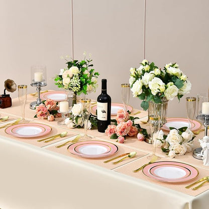 100PCS Pink Disposable Plastic Plates Include 50PCS 10.25inch Dinner Plate and 50PCS 7.5inch Dessert Plate Heavy Duty Plastic Dinnerware for Party Wedding Anniversary New Year