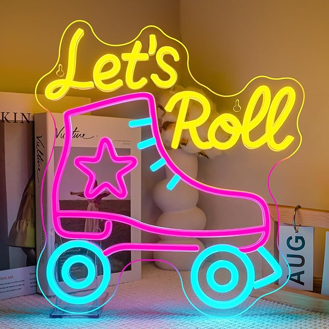Lucunstar Let's Roll Neon Sign Roller Skating Neon Dimmable Led Sign Party Wall Decor Neon Light up Signs for Roller Skates Store Club Sports Venues Sign Player Room Gift