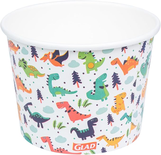 Glad for Kids Dinosaurs Paper Snack Bowls, Lids Not Included - Colorful Heavy Duty, Microwavable, Disposable Snack Cups with Lid for Soup or Ice Cream, 12 Ounce, 20 Count - 24 Pack