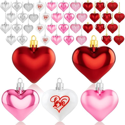 36Pcs Valentines Day Decor Heart Ornaments Classic Red Pink Silver Valentines Decorations Heart Shaped Baubles Hanging Ornaments for Valentine’s Day Christmas Tree Wedding Anniversary Party