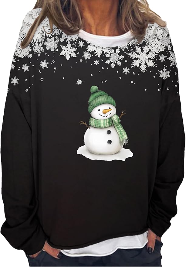 LOAIHA Christmas Shirts for Women Crewneck Snowman Snowflake Santa Graphic Shirts Christmas Tree Long Sleeve Xmas Hoodie