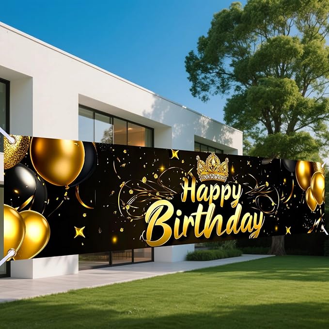 Nuxovilar Happy Birthday Banner Decorations 17.72x78.74 Inch Black Gold Crown Balloon Theme - Polyester for Indoor Outdoor Birthday Party Decor