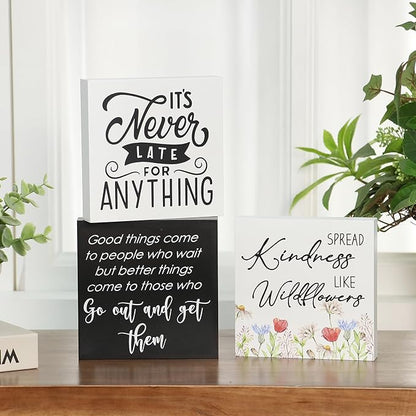 3 Pcs Inspirational Wood Box Sign Set, 5x5 Inches Motivational Quotes Wooden Blocks, Rustic Table Centerpiece Decorations