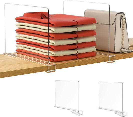 HBlife 2 Pack Clear Shelf Dividers, Vertical Purse Organizer for Closet Perfect for Sweater, Shirts, Handbags in Bedroom and Kitchen, Adjustable Acrylic Bookshelf for Organization