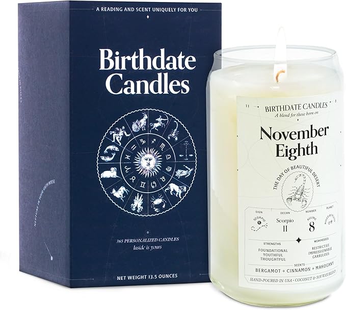 Birthdate Candles, November 8 - Scorpio Zodiac Scented Candles Birthday Gift - Bergamot, Cinnamon & Mahogany Scent - All-Natural Soy & Coconut Wax, 60-80 Hour Burn Time - Made in USA