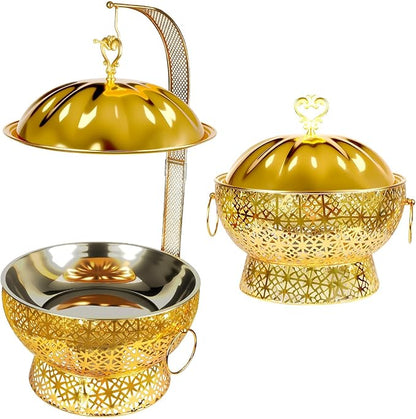 8QT Golden Chafing Dishes for Buffet, Round Stainless Steel Chafing Dish Set for Parties, Christmas Gatherings, Home, Catering Events Complete Buffet Warmer Colder Set (4)